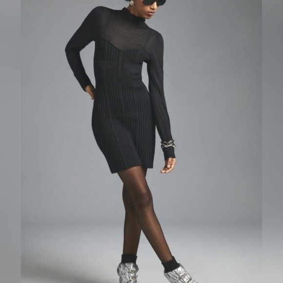 Anthropologie Turtleneck Mini Sweater Dress in Ribbed Knit Black Size Large NWT - Picture 4 of 7